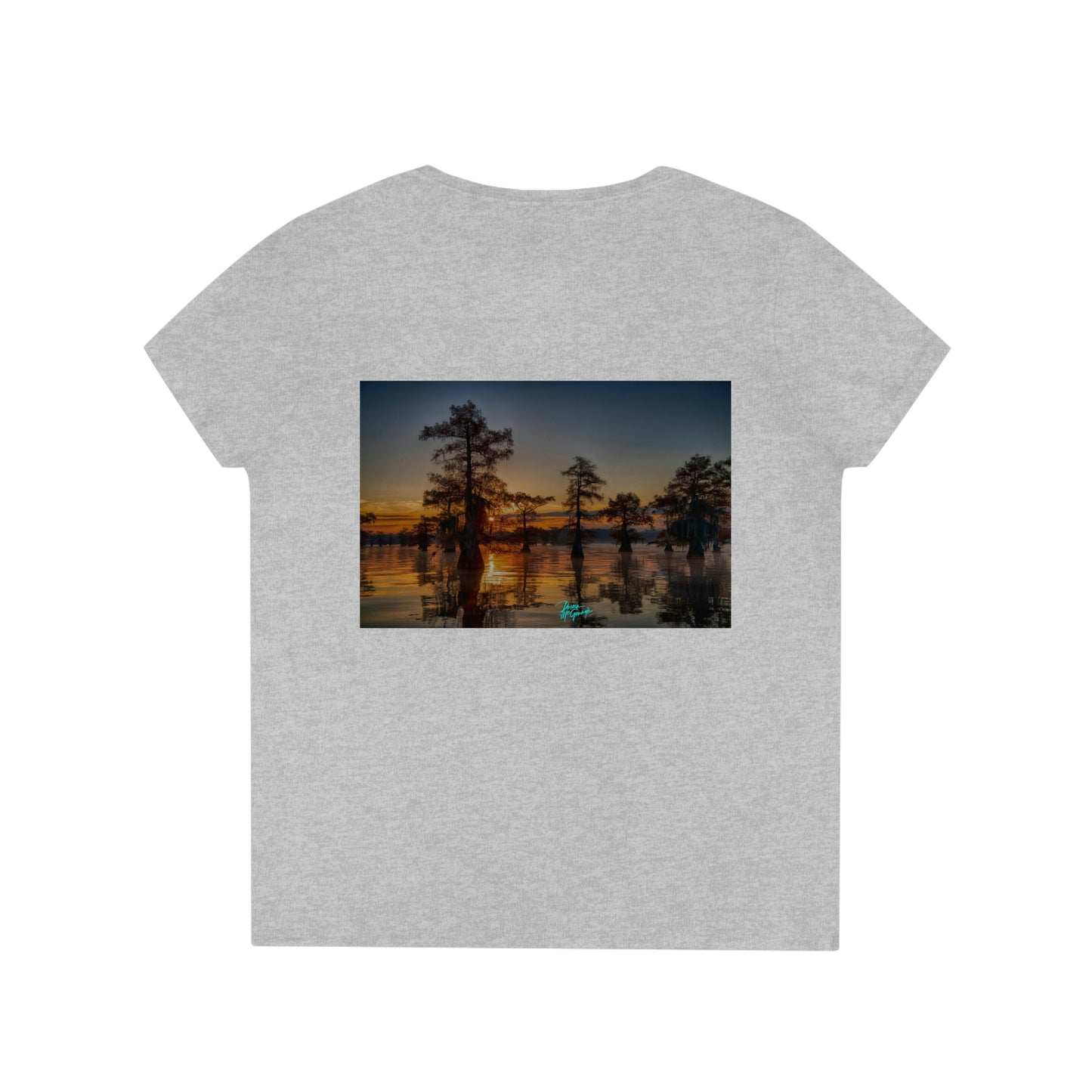 Womens V neck tee Sunset on Caddo Lake 72, summer tees