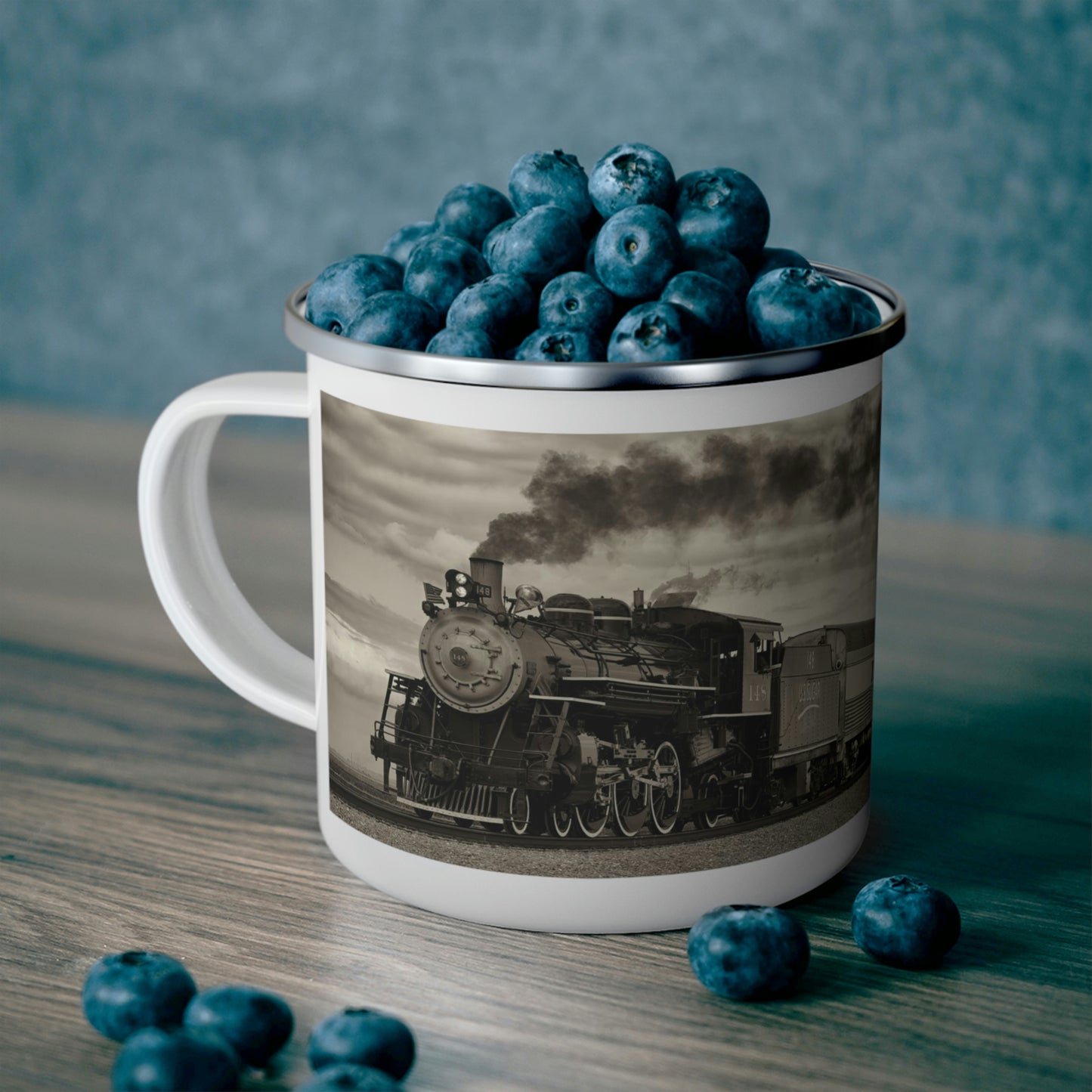 Enamel Camping Mug, Vintage Steam Engine 148 Train