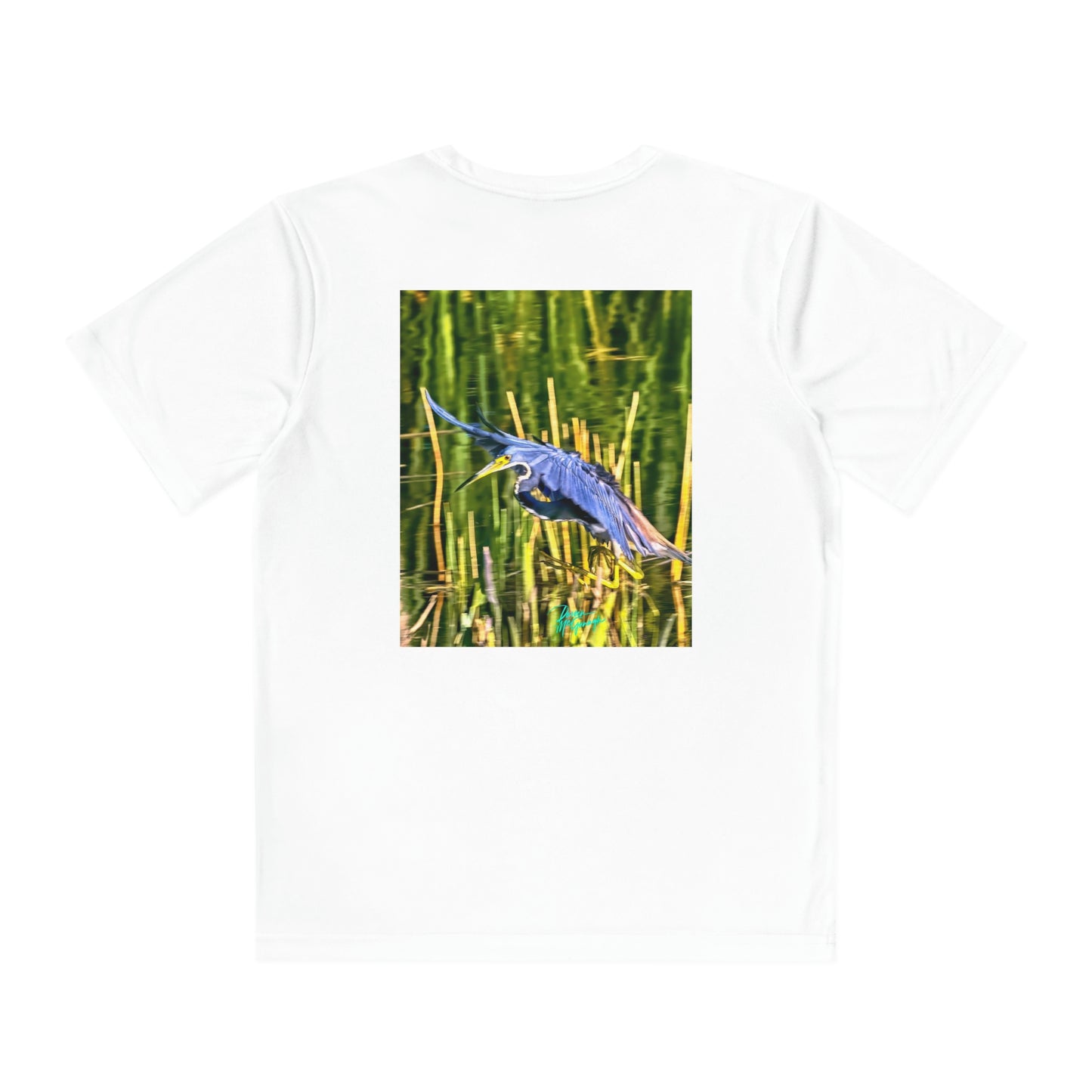 Youth T Shirts, Great Blue Heron in Flight, performance shirt