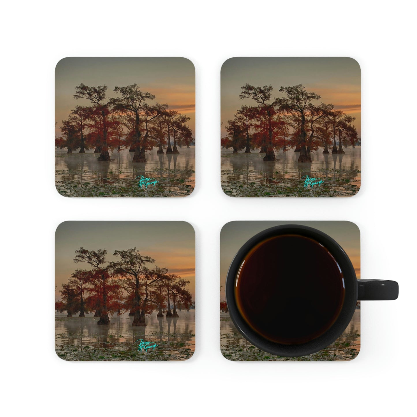 Sunrise on Caddo Lake Cork Coaster Set