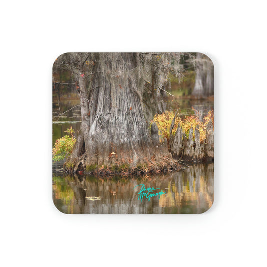 Bald Cypress Tree with flowers on Caddo Lake Cork Coaster Set