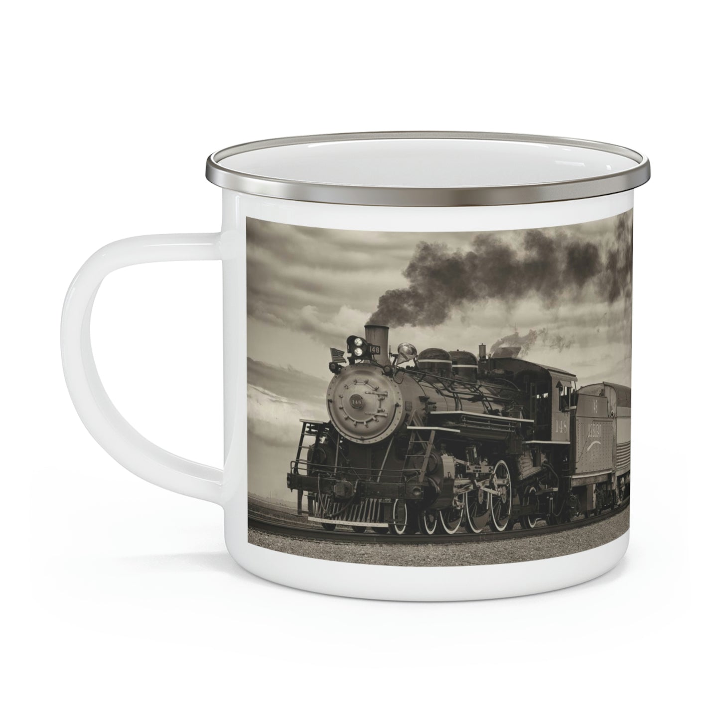 Enamel Camping Mug, Vintage Steam Engine 148 Train