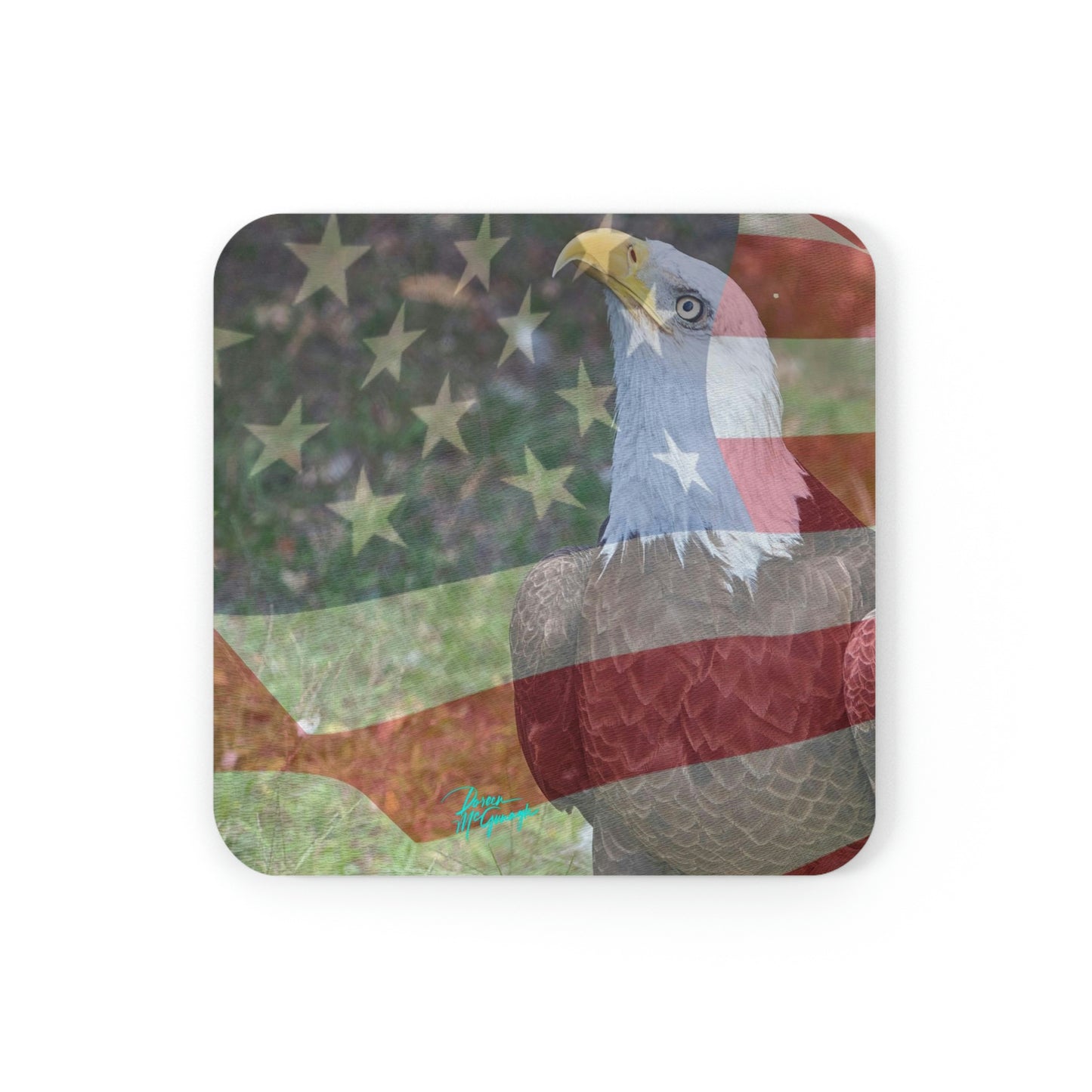 Patriotic Bald Eagle with American Flag Cork Coaster Set