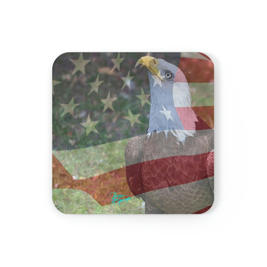 Patriotic Bald Eagle with American Flag Cork Coaster Set