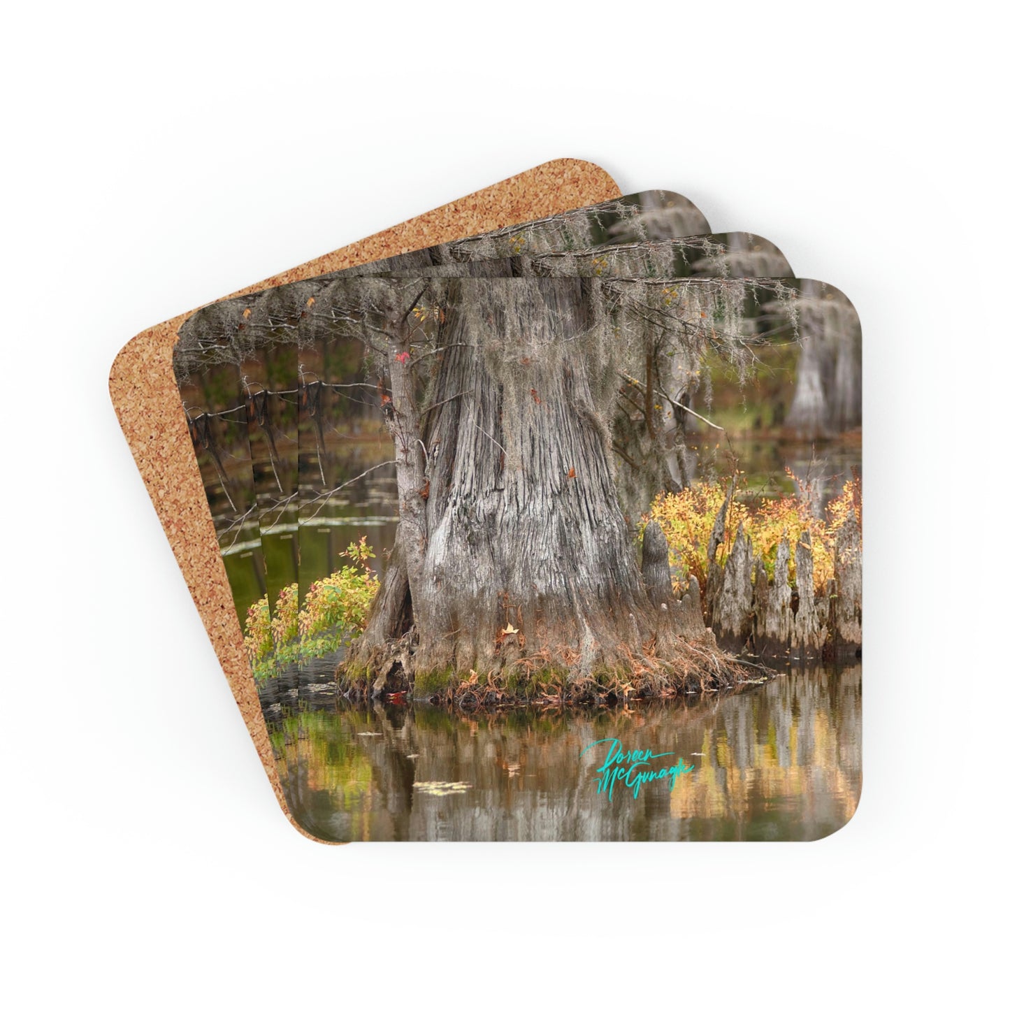 Bald Cypress Tree with flowers on Caddo Lake Cork Coaster Set