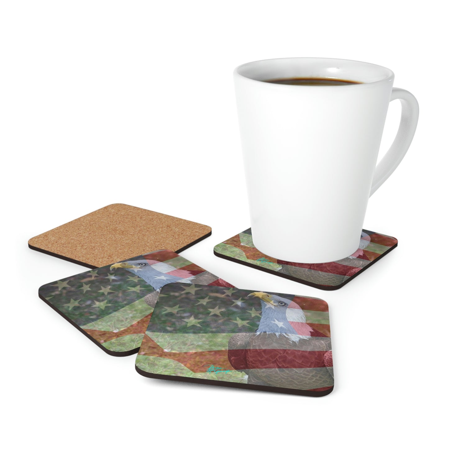 Patriotic Bald Eagle with American Flag Cork Coaster Set