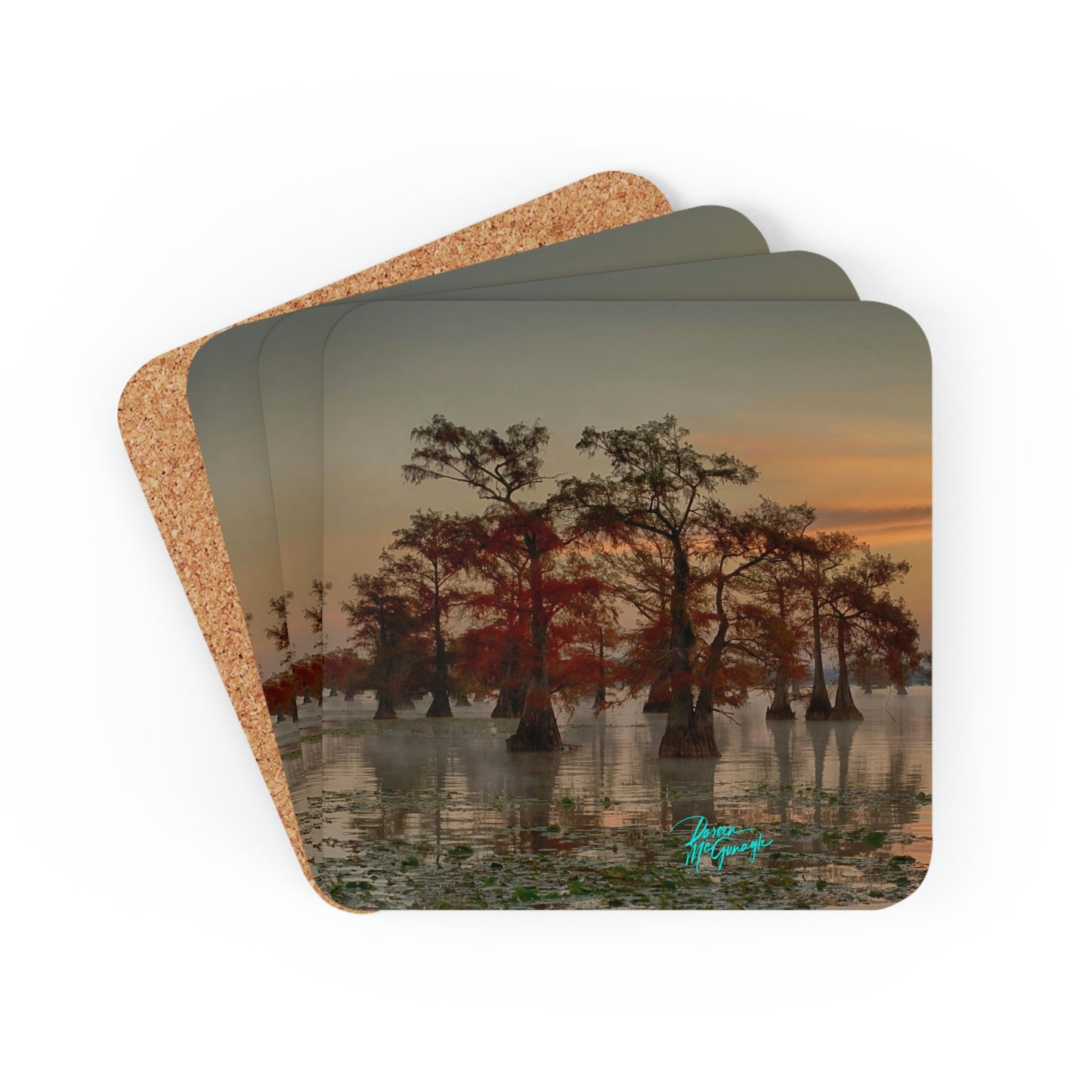 Sunrise on Caddo Lake Cork Coaster Set