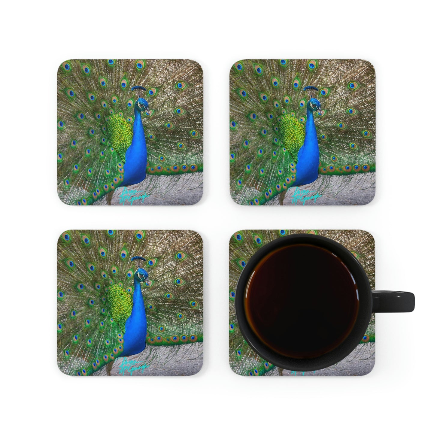 Peacock Bird Cork Coaster Set