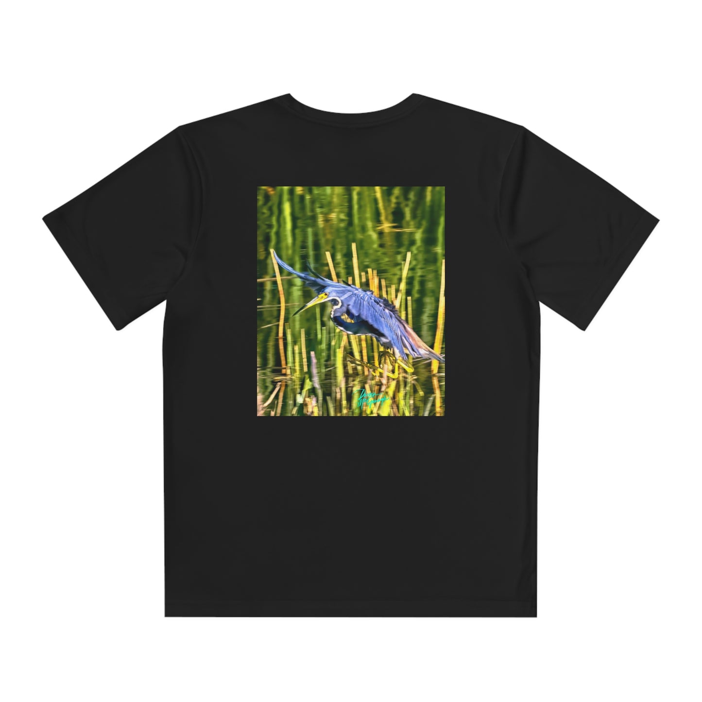 Youth T Shirts, Great Blue Heron in Flight, performance shirt