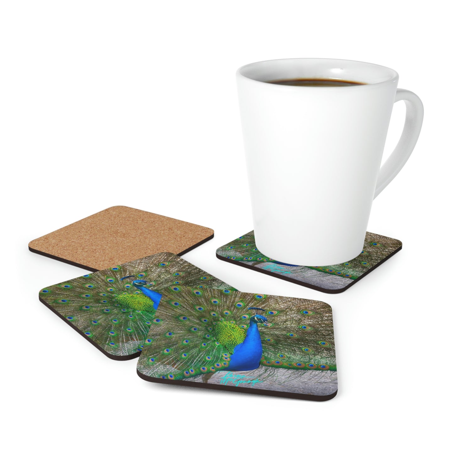 Peacock Bird Cork Coaster Set