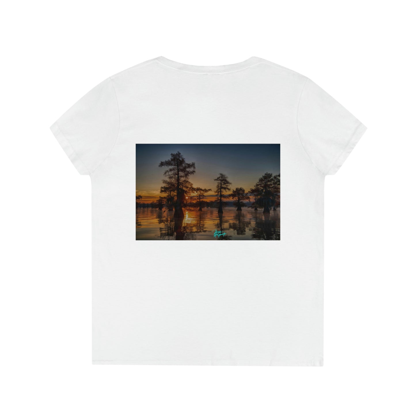 Womens V neck tee Sunset on Caddo Lake 72, summer tees