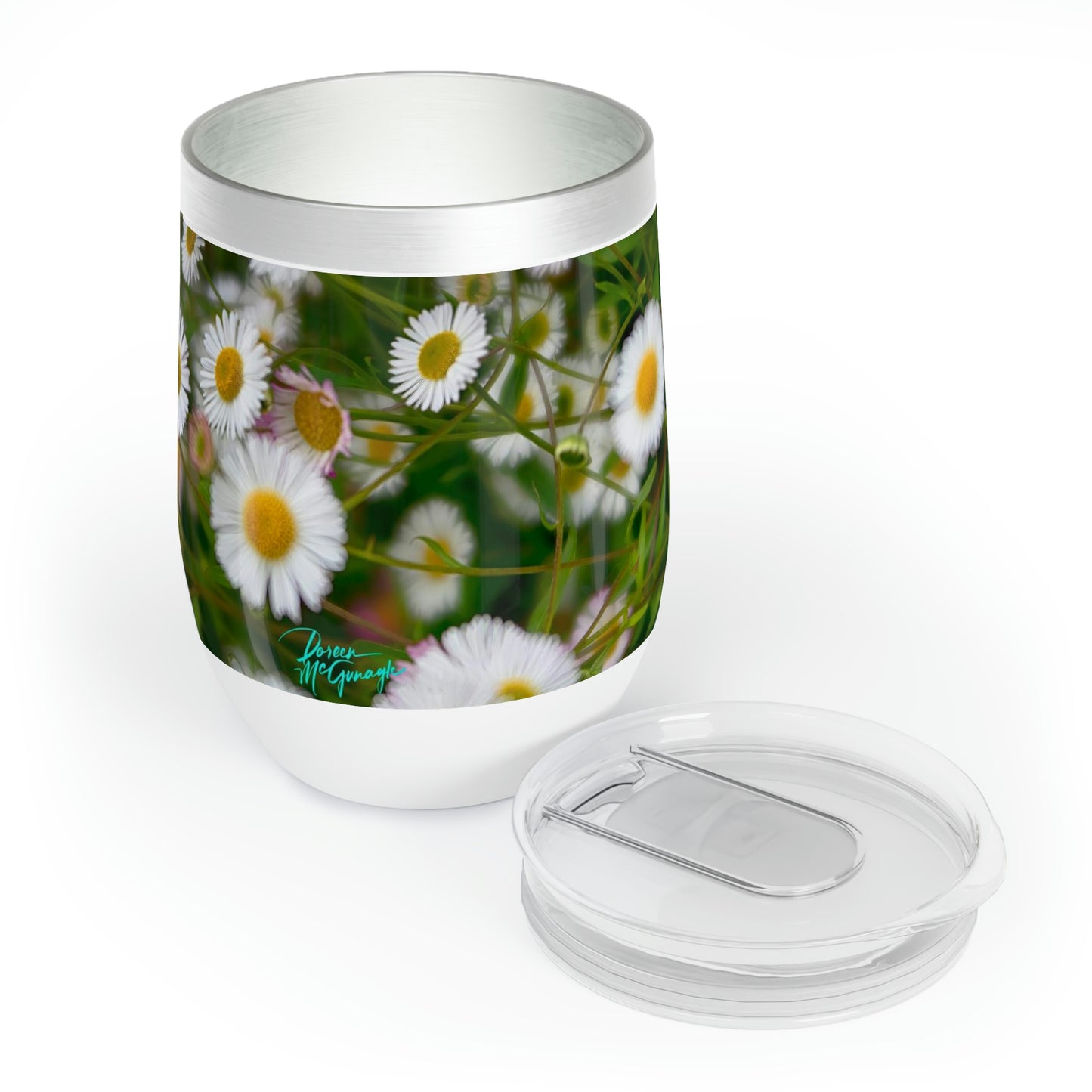 Eco friendly, Wild Daisies,12 oz insulated wine tumbler with lid